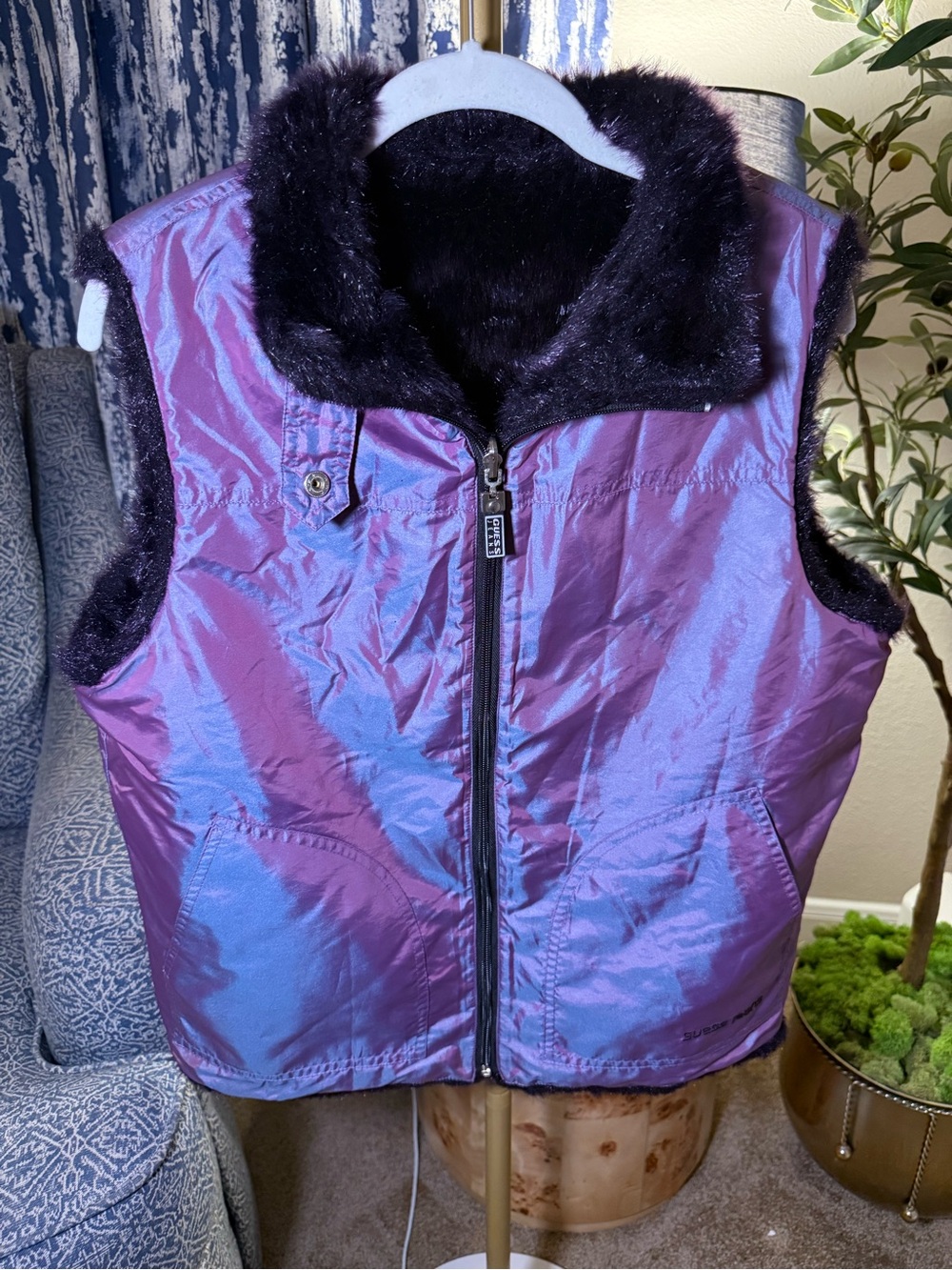 Vintage Y2K Iridescent Purple Faux Fur Guess Jeans Vest